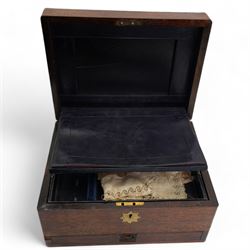 Victorian rosewood and brass inlaid ladies' vanity box, having a velvet lined interior lid and partly fitted interior, L31cmx H18cm, together with two loose samplers (3)