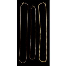 Gold rope twist necklace and two other gold necklaces, all 9ct hallmarked or stamped, approx 10.9gm