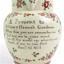 George IV Sunderland lustre creamware jug,  with hand painted verse 'A Present to William & Hannah Gardener, When this you see remember me, And keep me in your mind, Let all the world say what they will, Speak of me as you find, Jany, 23 1824, within painted floral sprays and pink lustre borders, H22cm