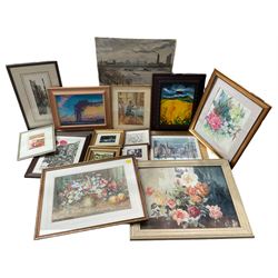 Albert Abram Gittleson (Scottish fl.1911-1940): Still Life of Flowers in Woven Basket, watercolour signed together with a selection of other watercolours, aquatints and etchings and oils to include Jan Whittock, Robert Bindloss, Wendy De Rusel etc in one box (approx. 15)