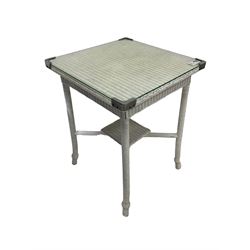 Lloyd Loom design - white painted cane work table with glass top (54cm x 54cm, H73cm); and a pair of planters (H77cm, D27cm)
