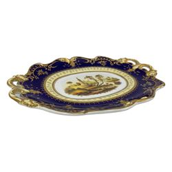 Early 19th century Ridgway twin handled oval dish, hand painted with figures in a river landscape, within a cobalt blue and moulded border, L30cm together with a similar twin handled serving dish, L28cm (2)