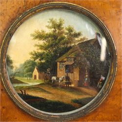 Unsigne 19th century English School circular oil on panel of a rural landscape with pony and trap in front of a thatched cottage and in maple frame D11cm