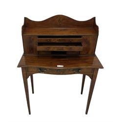 19th century French mahogany Bonheur-de-jour, raised shaped back with inlaid urn motif, fitted with assortment of correspondence drawers and pigeonholes, over single serpentine cock-beaded drawer, on square tapering supports