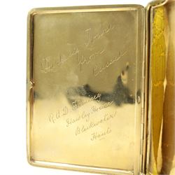 Early 20th century 9ct gold cigarette case, with engine turned decoration and sliding hinge mechanism by Alexander Clark & Co Ltd, Birmingham 1926, L11.5cm