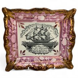 Three Victorian Sunderland lustre maritime wall plaques, each with transfer printed decoration comprising 'May Peace & Plenty on our Nation Smile and Trade with Commerce Bless the British Isle' by Dixon & Co., 'Sailors' Farewell' by Dixon & Co. and 'The Sailor's Return', L23.5cm max (3)