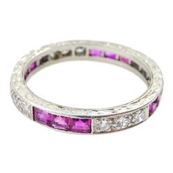 Platinum channel set, calibre cut ruby and diamond full eternity ring