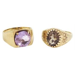 Gold smokey quartz ring and one other purple stone set ring, both hallmarked 9ct