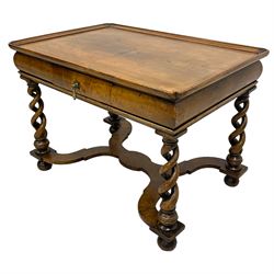 19th century William and Mary design figured walnut lamp or side table, rectangular tray top, cushion frieze fitted with single drawer, raised on open spiral turned supports united by curved x-frame stretcher, on bun feet