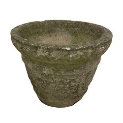 Circular cast stone garden planter decorated with flower head band (D44cm, H28cm); smaller planter (D34cm, H27cm); composite stone rusticated bird bath, octagonal top on tapering pedestal (W41cm, H65cm) (3)