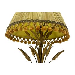 Italian mid century wheatsheaf design gilt and lacquer table lamp, on circular base with shade, H74cm overall, a three branch table lamp modelled as a candelabra, and one other table lamp (3)