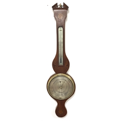  19th century mahogany wheel barometer and thermometer in mahogany case with shell and floral inlays, and silvered registers, H97cm  