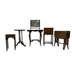 Edwardian inlaid walnut pot cupboard; Edwardian walnut plant stand with sliding candle tray; Sutherland tea table; Edwardian oval two-tier centre table with scalloped edge; octagonal wine table with cluster column pedestal; dressing table mirror (5)