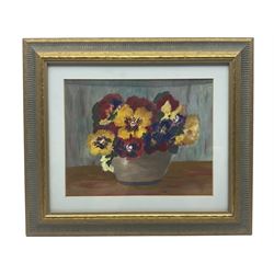 Constance V Shaw (Northern British 20th century): 'Wood End Sun Lovers', acrylic signed, labelled verso 19cm x 29cm; S Blowers (Scarborough 20th century): 'Pansies', mixed media labelled veso 19cm x 24cm (2)