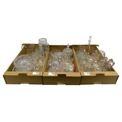 Large collection of cut glass and other glass including a heavy cut glass jug and glass set, cut with a pineapple design, liquor glasses, vases, jugs, bowls etc in three boxes