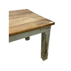 Painted hardwood farmhouse kitchen dining table, rectangular top on painted base, on square supports, bound with metal strappings 