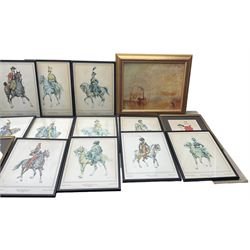 Set of 12 prints depicting traditional military dress for various countries together with other horticultural and equine prints, and one textured William Turner print in one box max 27cm x 35cm (20)