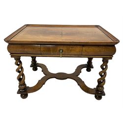 19th century William and Mary design figured walnut lamp or side table, rectangular tray top, cushion frieze fitted with single drawer, raised on open spiral turned supports united by curved x-frame stretcher, on bun feet