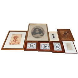 English School (19th Century): 'Sarah of Farbridge - 1882', pencil sketch unsigned, titled verso; together with another similar of a boy, a set of three silhouette works and an etching of a lady in a bonnet etc in one box (8)