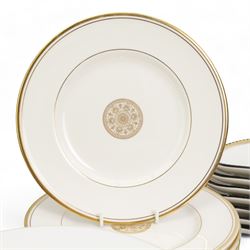 Royal Doulton New Romance collection Oxford Gold set of twelve second quality dinner plates and twelve second quality side plates, and twelve second quality soup plates, together with twelve Furnivals kidney dishes and other dinnerware 