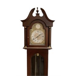 20th century - 8-day Mahogany longcase clock, with a swans necked pediment and break arch hood door beneath,  glazed door with visible brass cased weights and pendulum, on a rectangular plinth with a raised panel and bracket feet, brass dial with a silvered dial centre and chapter ring, chain driven three train movement chiming the quarters and hours on gong rods. With weights and pendulum.  