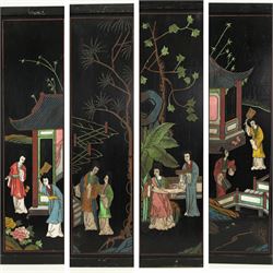 Set of four Chinese lacquer and polychrome decorative wooden panels, 92cm x 31cm (4)