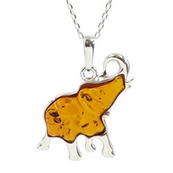 Silver Baltic amber elephant pendant necklace, stamped 925