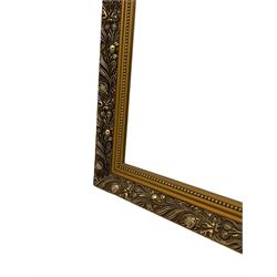 Large rectangular gilt framed wall mirror, decorated with trailing leafy branches and flowerheads, bevelled glass plate 