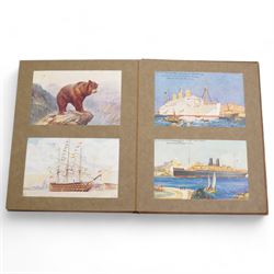 Late Victorian leather autograph album containing watercolour, pencil and pen and ink drawings, verse etc circa 1896 and a postcard album and contents of vintage cards (2)