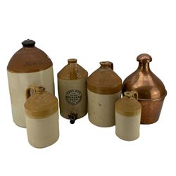 Group of late 19th and early 20th century salt glazed stoneware flagons, including Fenn & Co Ginger Beer flagon, JS Steane & Co Ginger Beer flagon, two other flagons, together with a ICI stoneware 'Chloros' chlorine container, metal box and copper container, H59cm and smaller (7)