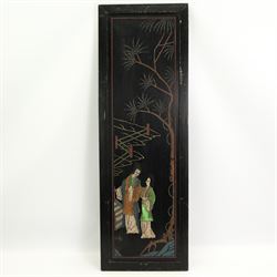 Set of four Chinese lacquer and polychrome decorative wooden panels, 92cm x 31cm (4)