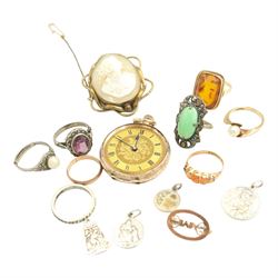 9ct gold fob watch, 9ct gold cultured pearl ring, 9ct gold amber ring, 9ct gold coral ring, wedding ring and a 'Baby' brooch and a group of silver jewellery