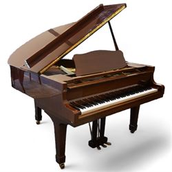 Yamaha - Baby Grand piano in mahogany polyester finish case,  G1 model, serial No 4741647, cast overstrung frame with 88 keys and seven octave compass, original stringing, tuning pins, hammers, dampers and felts, sostenuto, una corda and sustain pedals, with a solid music desk and tapered legs on brass castors.   