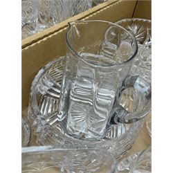 Large collection of cut glass and other glass including a heavy cut glass jug and glass set, cut with a pineapple design, liquor glasses, vases, jugs, bowls etc in three boxes