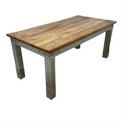 Painted hardwood farmhouse kitchen dining table, rectangular top on painted base, on square supports, bound with metal strappings 