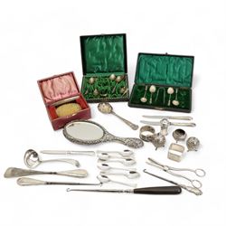  Silver backed hair brush and comb, cased, Birmingham 1927 Maker William Neale Ltd silver backed hand mirror, three silver handled button hooks, plated cutlery, 800 standard tea spoons etc