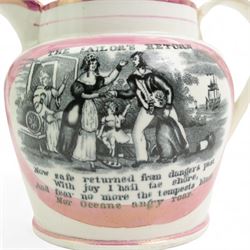 19th century Sunderland lustre jug, transfer printed 'The Sailors Return' and Crimea war panel, H13cm, together with two 19th century Sunderland lustre mugs; 'Flowers that never fade' and frog mug 'A West View of the Iron Bridge' (3)