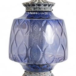 Vintage pierced brass table lamp in the form of an oil lamp, with blue glass shade, H64cm 