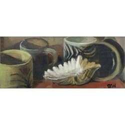 Guy Worsdell (British 1908-1978): Still Life of Mugs, oil on board signed with initials 12cm x 27cm