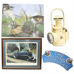 British Rail cream finish signalling lantern, H37cm, a large reproduction Flying Scotsman sign, W100cm, together with two signed railway prints including 'Sir Nigel Gresley', framed (4)