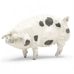 Raku fired model of a pig, in the style of Lawson C Rudge, unsigned, L24cm 