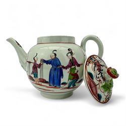 18th century Worcester porcelain teapot, of globular form hand painted in  polychrome enamels with the 'Boy at the Window' pattern, the reverse with a Chinese family greeting a tradesman, flower knop handle, H16cm 