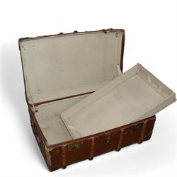 Vintage travelling trunk, brass, wood and leather-bound with canvas panels, 85cm x 50cm x 32cm