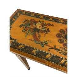 Late 18th century Sheraton satinwood console table, circa 1790, rectangular form top with stepped rounded front corners, painted with a central still life motif of fruit with a border of peacock feathers, the flanking cornucopias filled with floral bouquets with ribbon festoons encircling the horns, the border painted with garlands of flowers with ribbons swags wrapped around, the frieze and square tapering supports painted with further foliate decoration and posies, terminating to spade feet