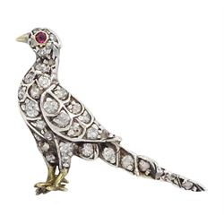 Victorian silver and gold diamond pheasant brooch, old and rose cut diamond body and a ruby set eye