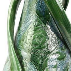 C.H. Brannam Barnstaple art pottery vase, baluster form, with three twisted scroll handles, incised with birds amongst flowers in blue green glaze, incised marks, dated 1905, H53cm