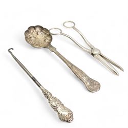  Silver backed hair brush and comb, cased, Birmingham 1927 Maker William Neale Ltd silver backed hand mirror, three silver handled button hooks, plated cutlery, 800 standard tea spoons etc