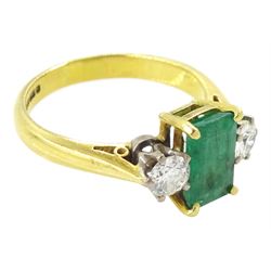 18ct gold three stone octagonal cut emerald and round brilliant cut diamond ring, Sheffield 1981, emerald approx 0.80 carat, total diamond weight approx 0.35 carat