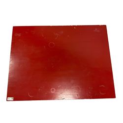 Chinese design red lacquered coffee table, rectangular form on square tapering supports, fitted with two drawers 