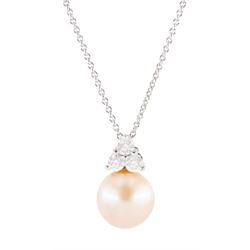 9ct white gold cultured pink / peach pearl and round brilliant cut diamond pendant necklace, stamped 375